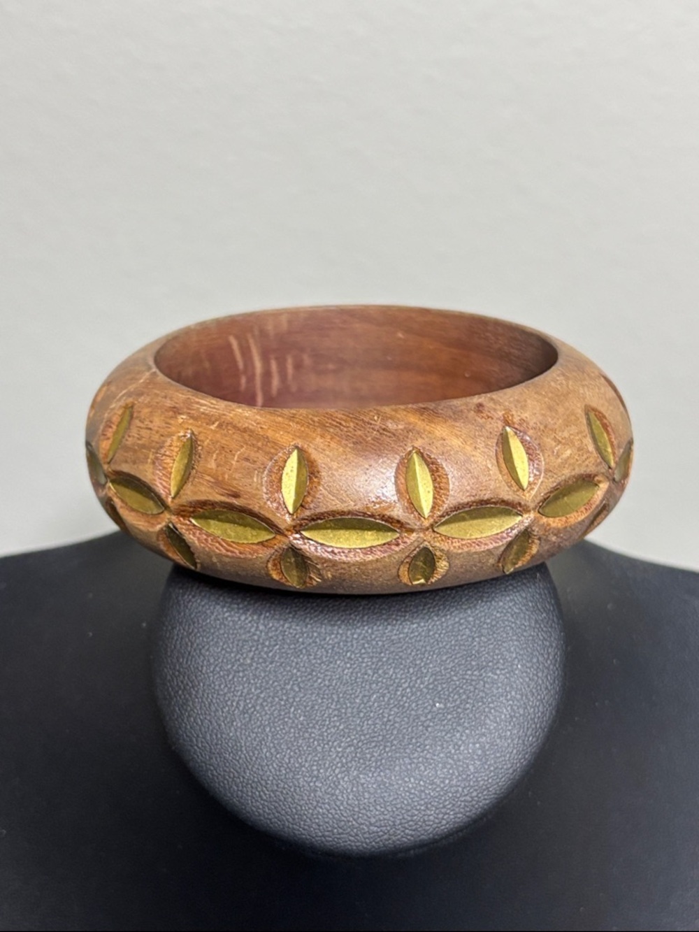 Carved Wooden Bangle Bracelet with Olive Inlay Lightweight Boho